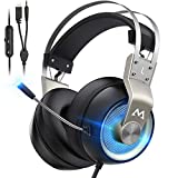 Auriculares para juegos Mpow Pro (edición para todas las plataformas 2019), con micrófono, controlador de altavoz de 50 mm, sonido ambiental 3D, control en línea, luz LED, auriculares para juegos PS4 para PC, auriculares para juegos Nintendo Switch 64 de 3,5 mm.