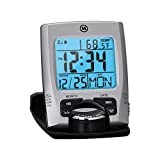 Reloj despertador de viaje Marathon con calendario y temperatura, función de soporte para teléfono, batería incluida, CL030023 (plateado)